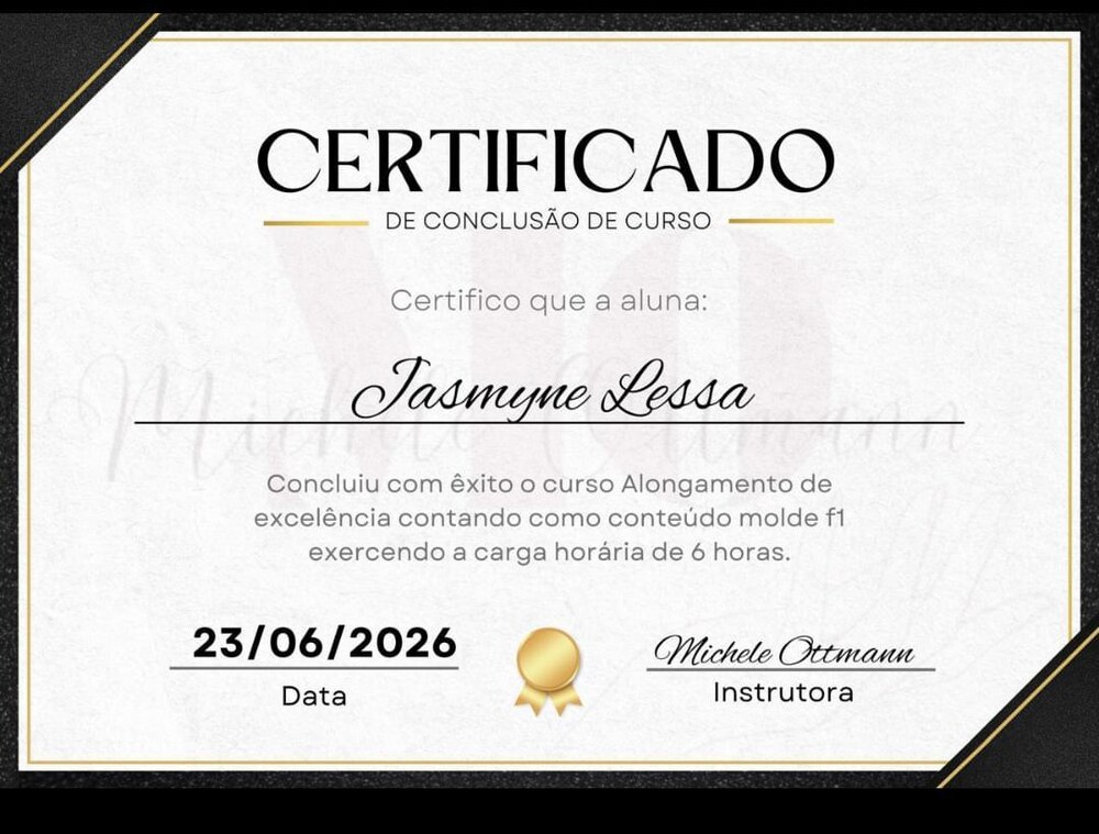 Certificado de conclusão do curso Alongamento de Excelência, molde F1, de Jasmyne Lessa